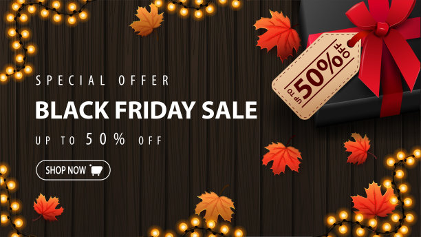 特别优惠，黑色星期五大减价，最高五折，折扣横幅，大礼物，价格标签和优惠，木制背景上的枫叶，俯视图图片下载