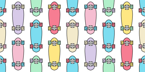 滑板无缝花样滑冰矢量巡洋舰板极限运动卡通围巾孤立重复墙纸瓷砖背景插图礼品包装纸蜡笔设计图片下载