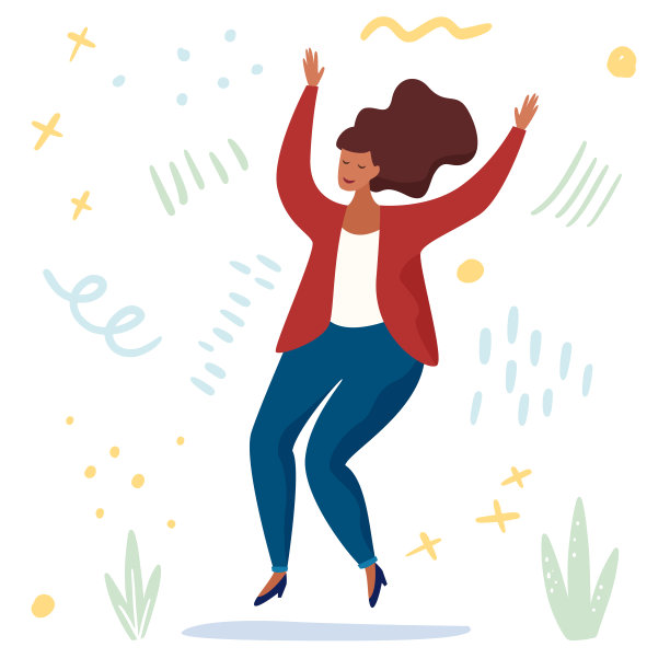 身体积极的。爱你的身体。快乐的加大小女人跳跃和积极的生活方式。平的卡通图片下载