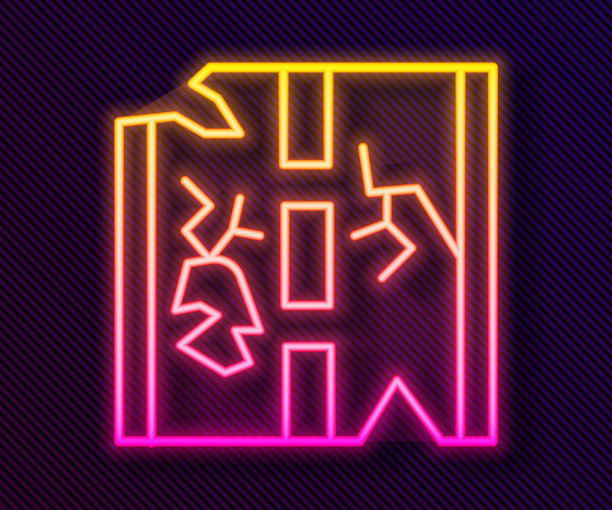 发光的霓虹灯线破碎的道路图标孤立在黑色的背景。向量图片下载