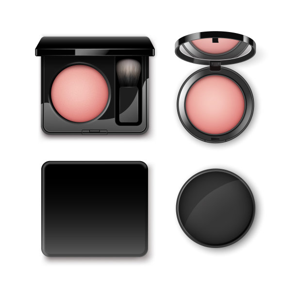 向量集圆形腮红在黑色矩形塑料情况下与化妆刷涂抹器和镜子顶视图隔离在白色背景图片下载