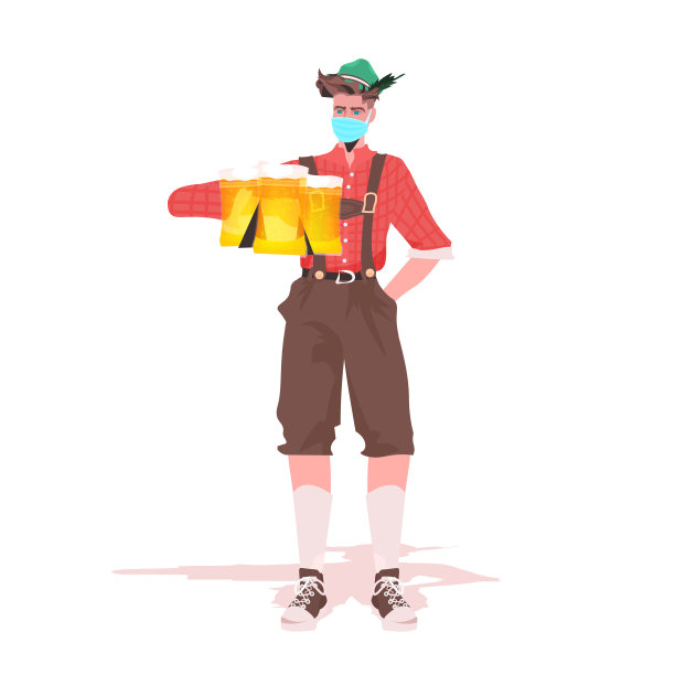 戴着医用口罩的男子手持啤酒杯啤酒节派对庆祝冠状病毒检疫概念图片下载