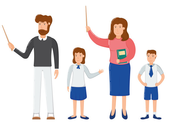 概念学生学校男孩和女孩儿童，微笑的教师男女字符设置平面矢量插图，孤立在白色。图片下载