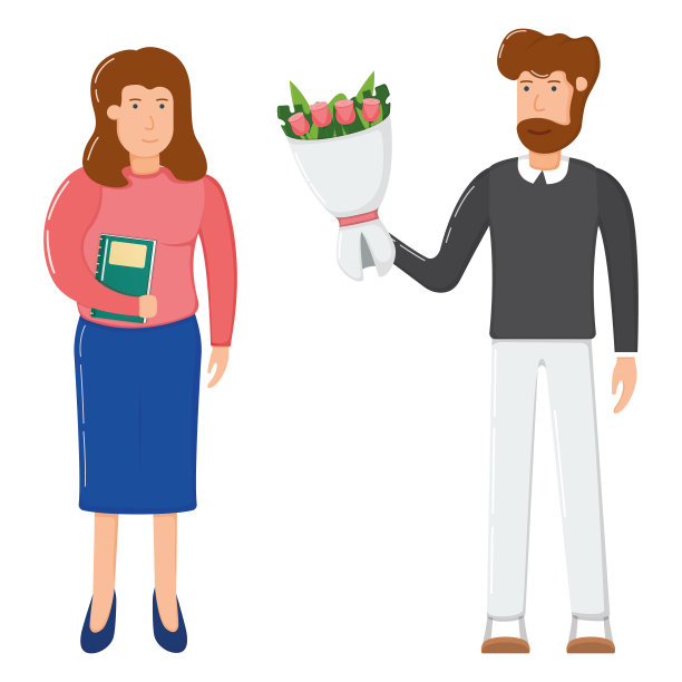 男人送花束给女人，浪漫情侣约会概念礼物扁平图标矢量图，白色背景图片下载