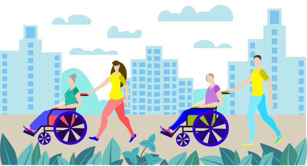 和老人一起在公园里散步。志愿者和他们的祖父母坐在轮椅上在公园里散步。社会工作者和老年人。照顾老人的观念。矢量插图。平的风格。图片下载