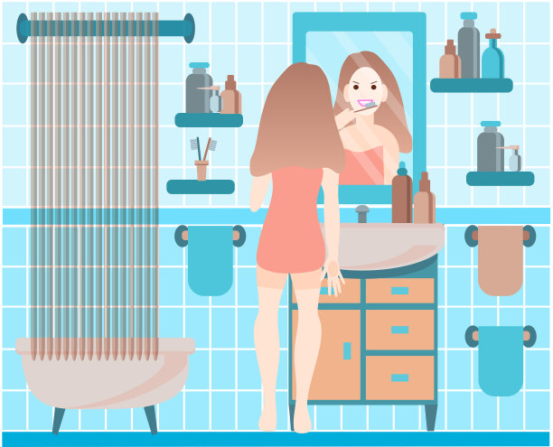 小女孩在洗澡时刷牙。矢量插图在平面风格。图片下载