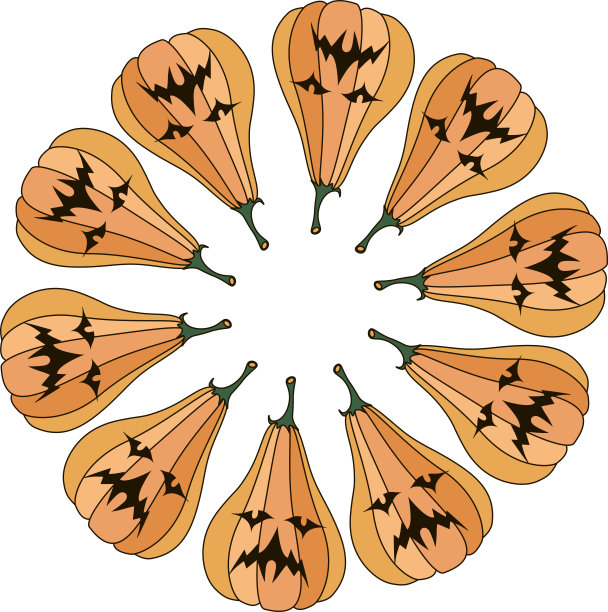 圆南瓜装饰与万圣节的面孔。秋季图案为文字。梨和南瓜。图片下载