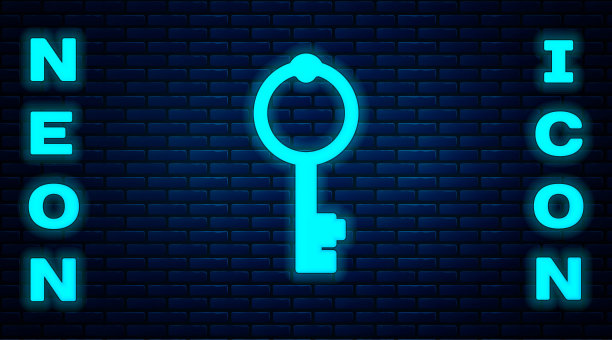 发光的霓虹灯老键图标孤立在砖墙的背景。向量图片下载