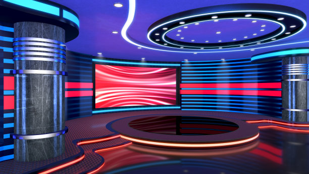 电视演播室，虚拟演播室。理想的绿色丝网合成。图片下载