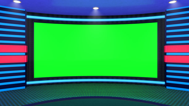电视演播室，虚拟演播室。理想的绿色丝网合成。图片下载