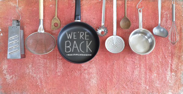 餐厅宣布在冠状病毒封锁后重新开业，厨房用具和信息在煎锅上，回到经营理念图片下载