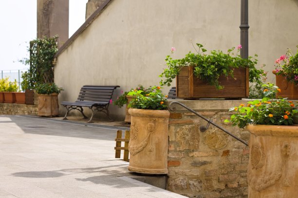 庭院楼梯上方的陶土花瓶和鲜花(Pesaro，意大利，欧洲)图片下载