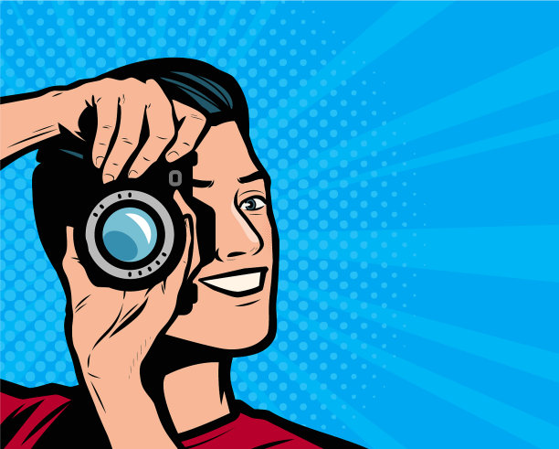 快乐的人与相机摄影师复古漫画图片下载