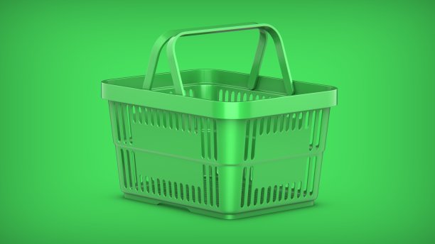 绿色塑料购物篮的绿色背景的3D渲染插图。图片下载