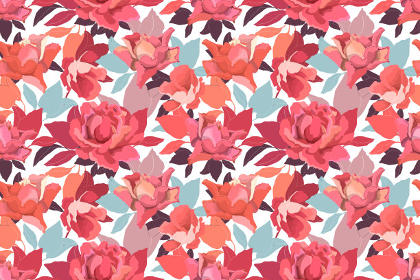 向量花无缝模式与玫瑰。精致的花园花和叶子在一个温暖的颜色方案。图片下载