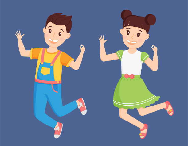 孩子们一个穿着连身裤的男孩和一个穿着连衣裙的女孩跳着，手里拿着一颗掉下来的牙齿。可爱的卡通人物是快乐和微笑。掉了第一颗牙。矢量插图。平的风格。图片下载