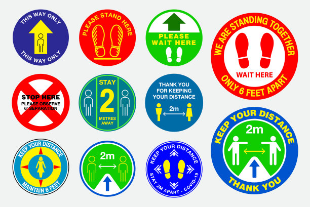 楼层社交距离贴纸或covid-19公共卫生实践或健康和安全协议或新的正常生活方式概念。每股收益10向量图片下载