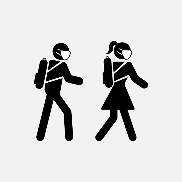 学童戴上防护面具图标。小学生是冠状病毒大流行的象征。男学生和女学生带着口罩和背包去上学。同学们在COVID-19图片下载