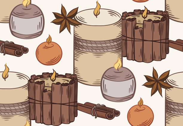 无缝模式与放松蜡烛排。用盖色给草图上色。各种蜡烛用八角，肉桂棒。矢量水疗，放松元素图片下载