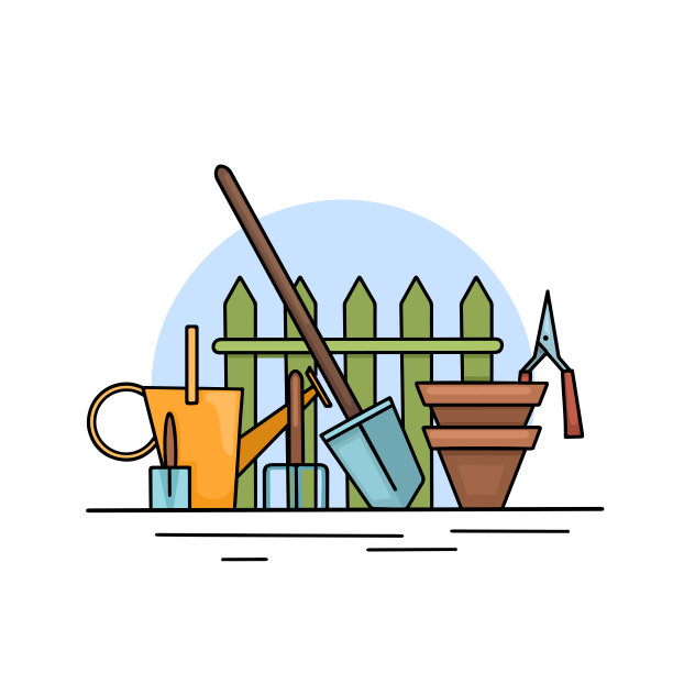 园艺工具的轮廓彩色插图。喷壶，铲子，耙子，花盆和栅栏。对大自然有积极的爱好。向量轮廓图图片下载