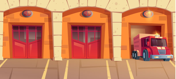 红色卡车离开消防局车库，报警图片下载