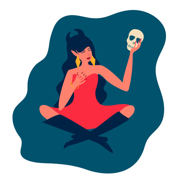 一个手里拿着骷髅的美丽女巫。万圣节设计，邀请，贺卡，海报，横幅，广告。矢量平面插图。图片下载