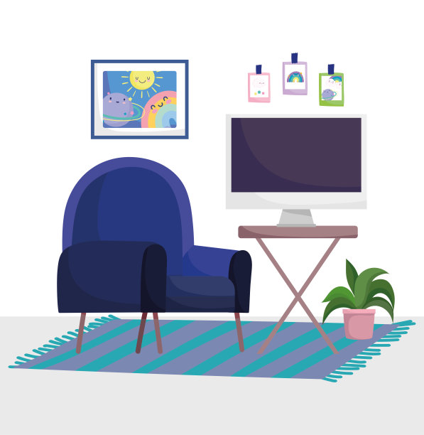 家庭办公办公椅地毯与电脑、桌子植物和图片在墙上图片下载