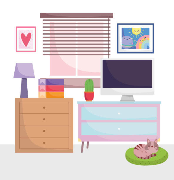 家庭办公室，工作场所，桌子上的电脑，书籍，台灯，睡觉的猫和窗户图片下载