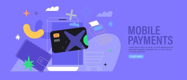 近场通信或在线支付智能手机或移动支付概念。NFC横幅，传单，时髦的ui或网页插图，着陆页设计模板。信用卡或非接触式支付。图片下载