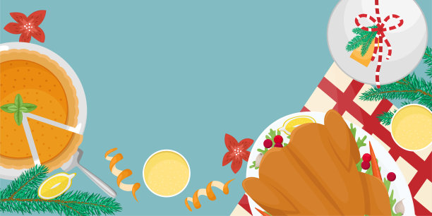 圣诞节晚餐。平铺着火鸡、蔓越莓、南瓜派、香槟、冷杉枝和礼物。图片下载