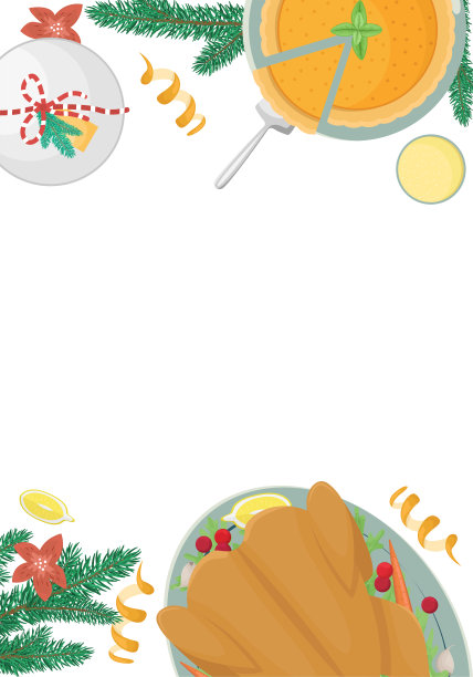 圣诞大餐。平铺上火鸡、蔓越莓、南瓜派、香槟、冷杉树枝和礼物。放置文本的地方图片下载