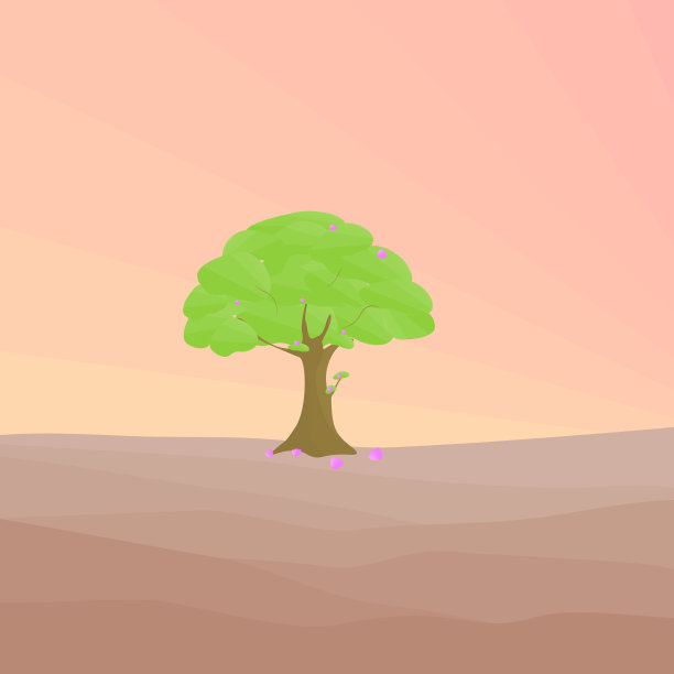 绿树和粉红色的花朵在自然景观乡村与射线阳光闪闪发光的夏季假期，抽象的背景纹理壁纸矢量插图平面设计图片下载