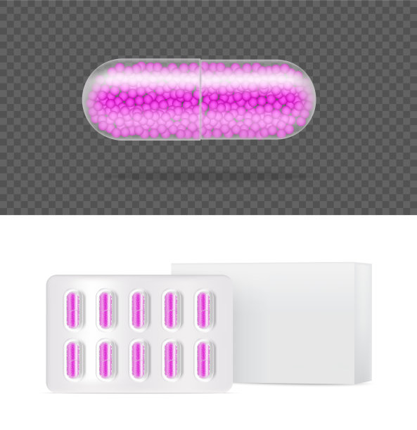 模拟现实透明药丸药物胶囊面板与盒子上的白色背景矢量插图。平板医疗健康概念。图片下载