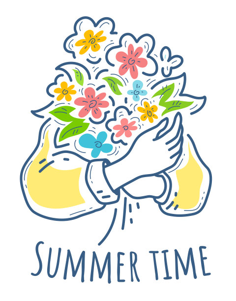 向量浪漫的插图在女性的手捧花在白色的背景。图片下载