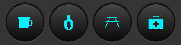 设置露营金属杯，水壶，野餐桌长椅和急救箱图标。向量图片下载