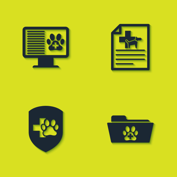 设置临床记录宠物监视器，医疗兽医文件夹，动物健康保险和证明狗猫图标。向量图片下载