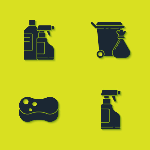 设置清洗剂瓶，清洁剂喷雾瓶，海绵，垃圾桶和垃圾袋图标。向量图片下载