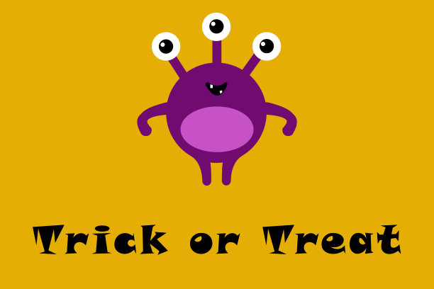 可爱的卡通怪物与三只眼睛在橙色的背景与Trick or Treat文字。万圣节快乐卡。平面设计图片下载