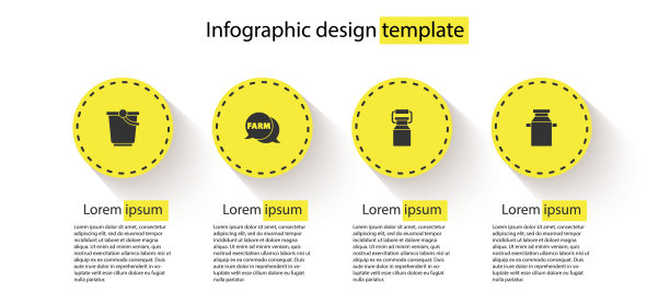 设置桶，讲话气泡与农场，罐头容器牛奶和。业务信息模板。向量图片下载