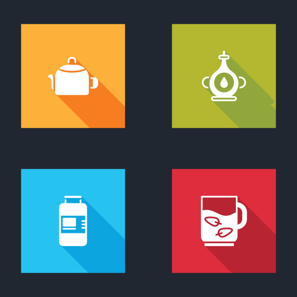 置有手柄的水壶、油瓶、胶原蛋白血清和茶叶图标杯。向量图片下载