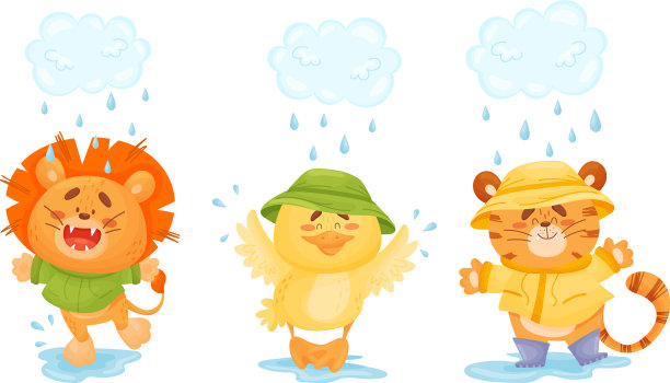 快乐的动物穿着雨衣在水坑里跳图片下载