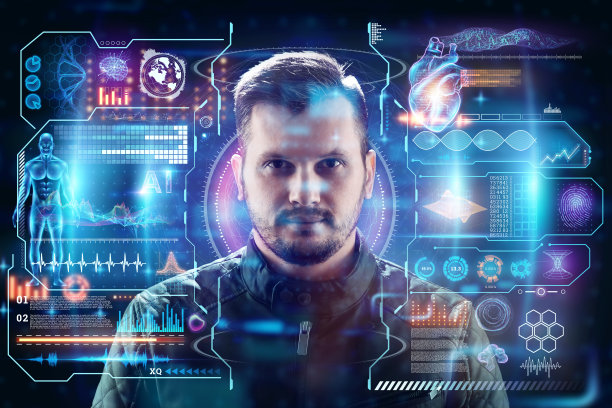 一个有胡须的人的肖像，背景是一个有各种细节的全息图。新技术的概念，数据库，人脸识别，监视人类。图片下载