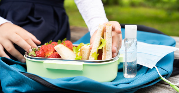 装有三明治，草莓，杀菌剂，口罩的蓝色背包午餐盒。穿着蓝色连衣裙的女学生在公园的长椅上吃午饭。手卫生，安全防范，冠状病毒图片下载