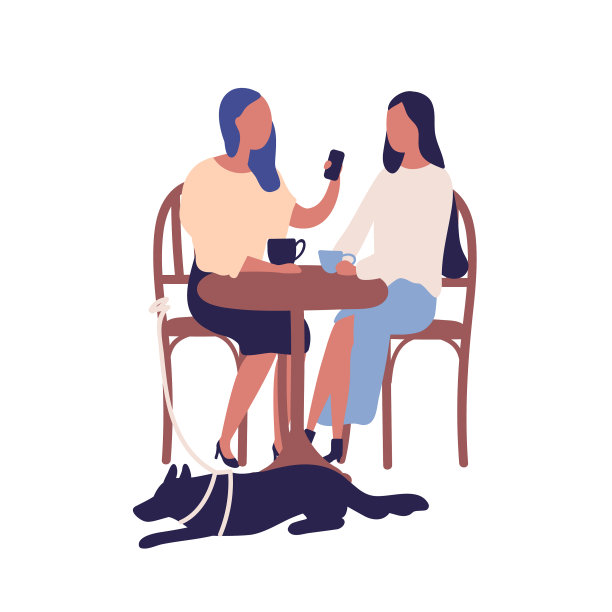 两个卡通女友坐在桌旁在咖啡馆聊天图片下载