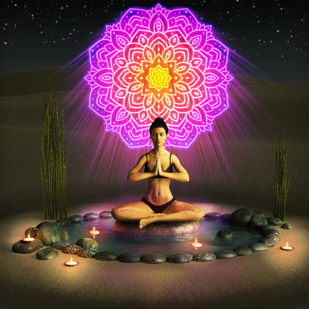 一个女孩在沙漠中练习瑜伽和冥想仪式图片下载