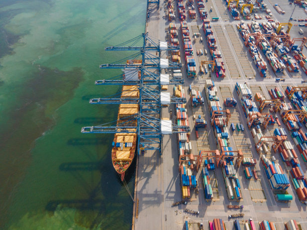 日落时分，无人机吊车桥在船厂拍摄，物流进出口和运输行业背景图片下载