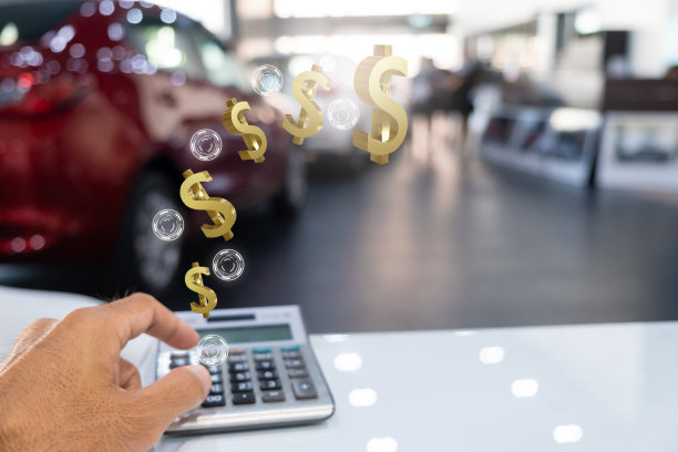 计算器与美元3d渲染企业财务汽车在展厅模糊的背景。用于汽车运输或汽车运输图片下载