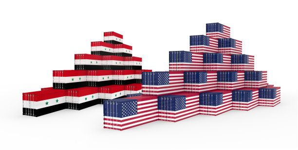 带有叙利亚和美利坚合众国(美国)国旗的集装箱组的3D插图。孤立在白色的。图片下载