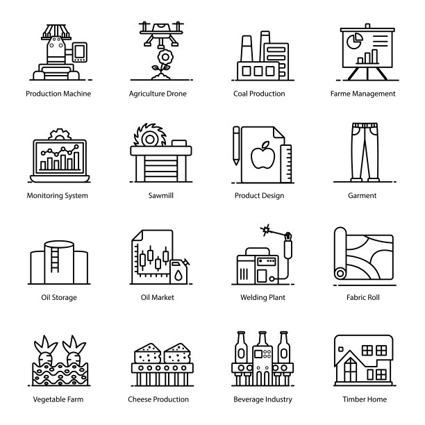 现代平面风格的工业和工厂自动化图标图片下载