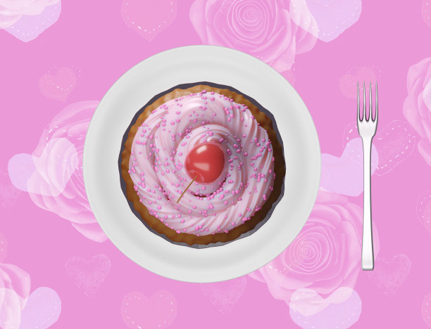 美味可口的纸杯蛋糕，上面有粉红色的糖霜和樱桃，准备为孩子聚会食物，母鸡聚会庆祝。盘子上的小蛋糕，俯视图。三维渲染图片下载